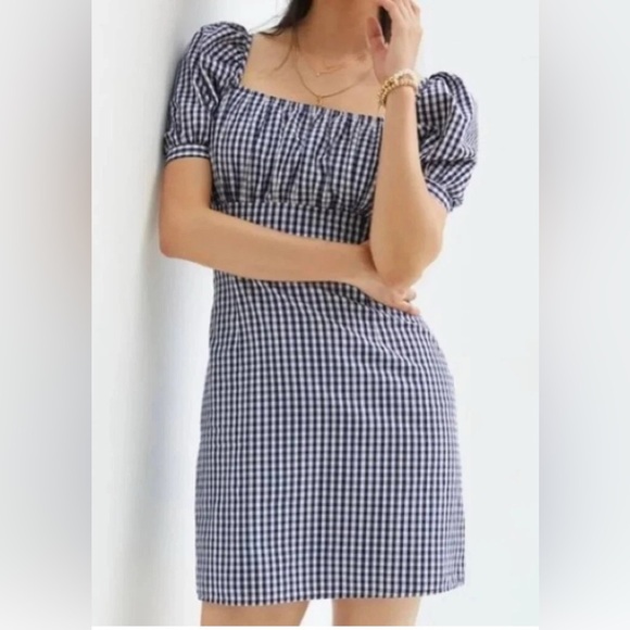 NWT ANTHROPOLOGIE FOREVER THAT GIRL PUFF SLEEVE MINI DRESS BLUE GINGHAM LARGE - Picture 1 of 17